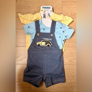 PEKKLE - 3-piece set (NWT) Kids Denim Overalls with Car Embroidery